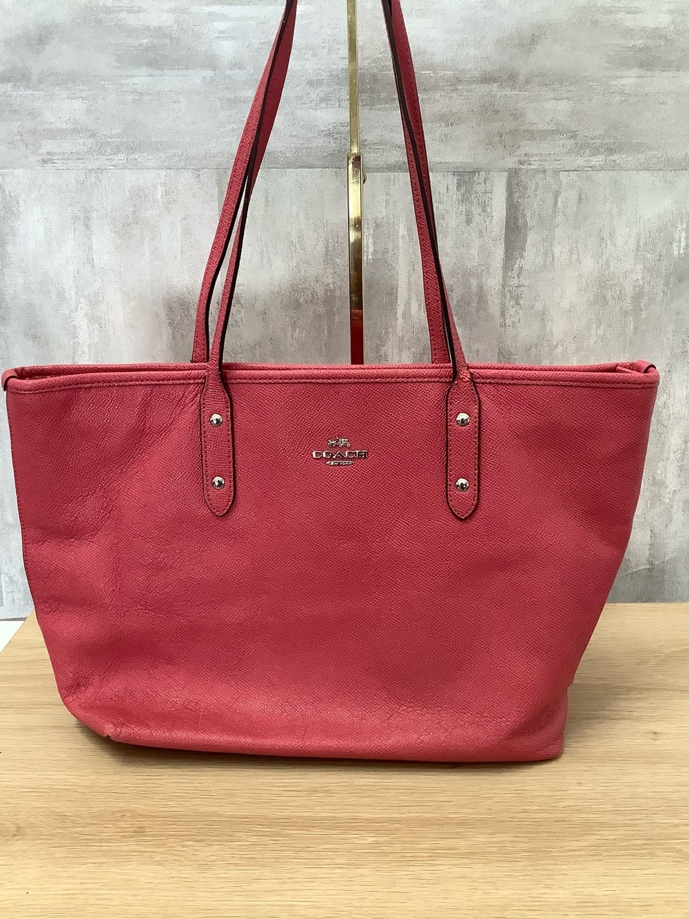 Coach Red Leather Shopper Tote with Silver Logo Hardware